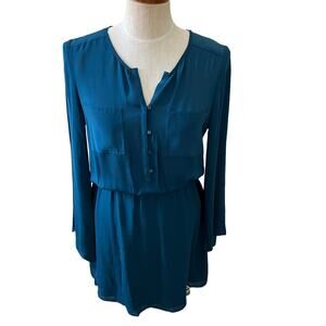 Parker Silk Long Sleeve Mini Shirt Dress Peacock Blue S